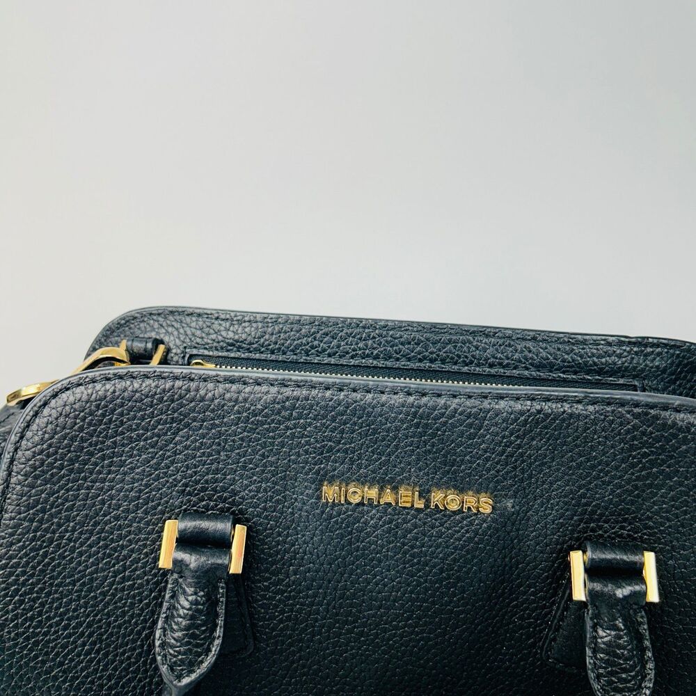 Michael Kors Black Pebbled Leather Handbag Crossbody Satchel Tote Gold Hardware - Picture 4 of 15